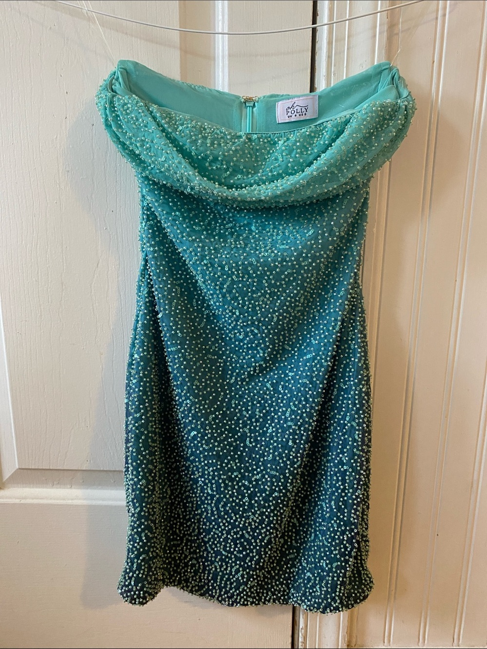 Oh Polly Strapless Beaded Teal Ombré Mini Dress